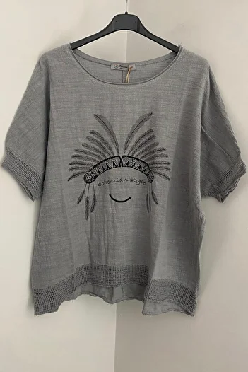 AYASOFYA OTANTIK Women's Gray Round Neck Native American Embroidered Short Sleeve Oversize Loose Linen Blouse