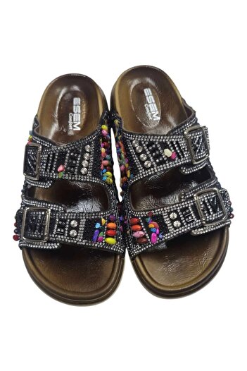 MYSSTORE Women's Double Buckle Anatomical Leather Comfortable Sole Stone Women's Slippers
