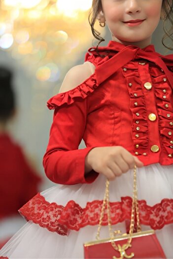 Ribbon kids Kız Çocuk Tasarım Dantel Güpürlü Abiye + Omzu açık keten ceket + çanta 3lü Kombin