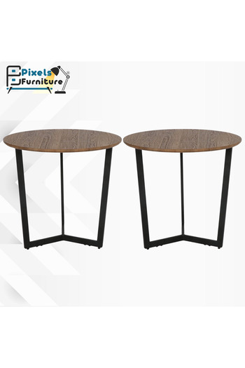 PixelsFurniture Set of 2 Sturdy Round Side Tables from Pixel Furniture for Coffee with Wood Top and Metal Bases