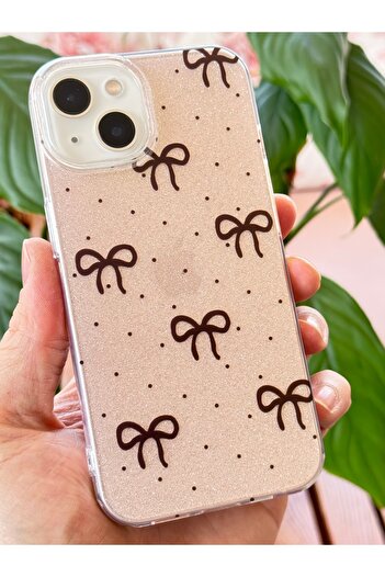 Fibaks Apple iPhone 14 Plus / 15 Plus Compatible Case Glittery Black Bow Patterned Colorful Shiny Shock Absorbing