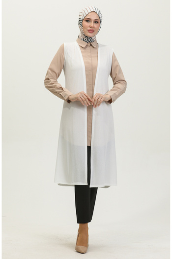 sefamerve White Long Vest - Plain Flowy, 8726-06