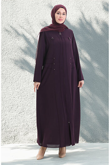 sefamerve Large Size Metal Bead Zippered Ferace 6148-03 Plum