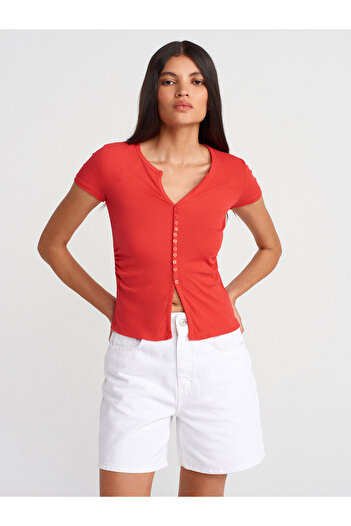 Dilvin 31838 Button Short Sleeve Top-Red
