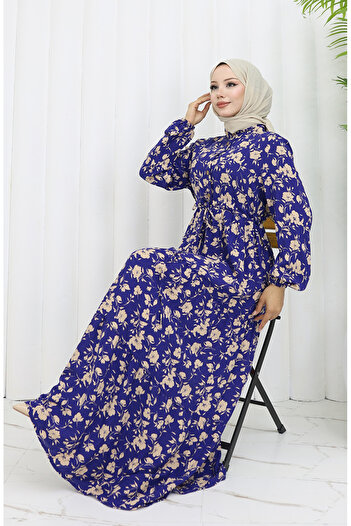 sefamerve Viscose Fabric Half Button Patterned Dress 0053-02 Navy Blue