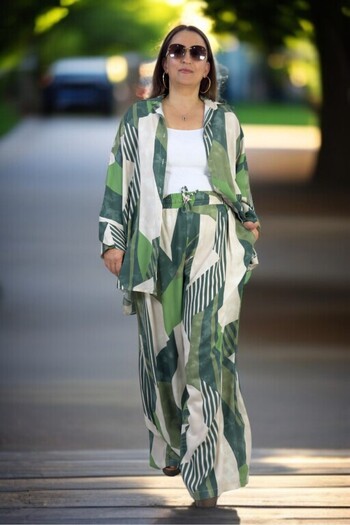 yagmurberen Oversize Cut Cotton Summer Fabric Front Buttoned Shirt Waist Elastic Pants Large Size Suit