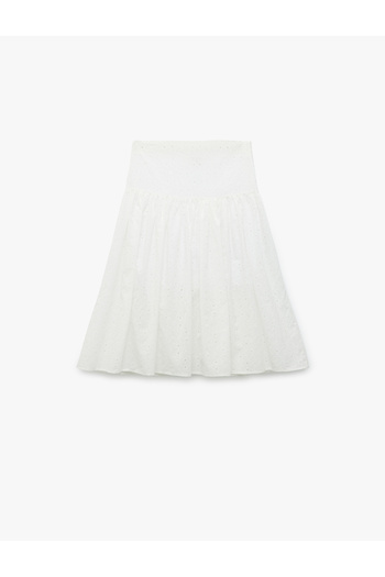 Koton Cotton High Waist Embroidered Midi Skirt