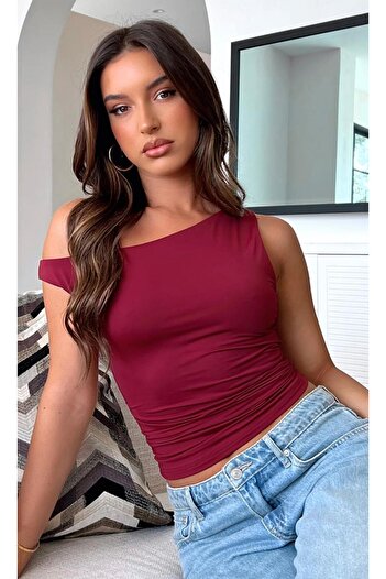MEGOMEL Asymmetric Cut Gather Detailed Stretchy Blouse