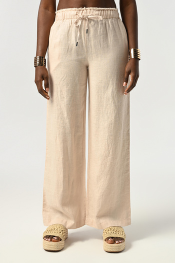 Orfeo Negro Women's Elastic Waist Wide Leg 100% Linen Trousers with Waist Detail