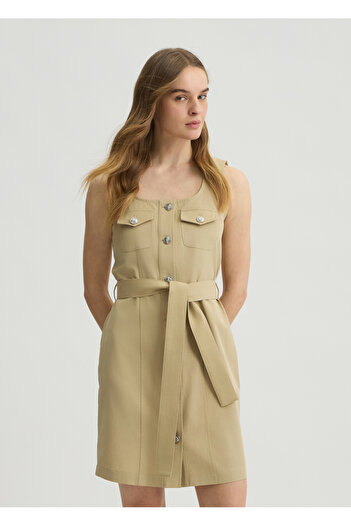 Liu Jo Women's Round Neck Front Button Closure Above Knee Length Waist Belt Beige Dress Wa5264T4277-60920