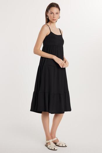 Tudors Women's Slim Fit Slim Fit Thin Strap U Neck Midi Black Dress