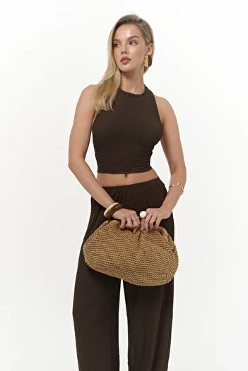 MAİ COLLECTİON Ayshe Tied Brown Crop Pants Set