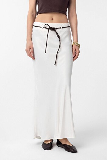 Antioch Ecru Belted Satin Long Women's Skirt