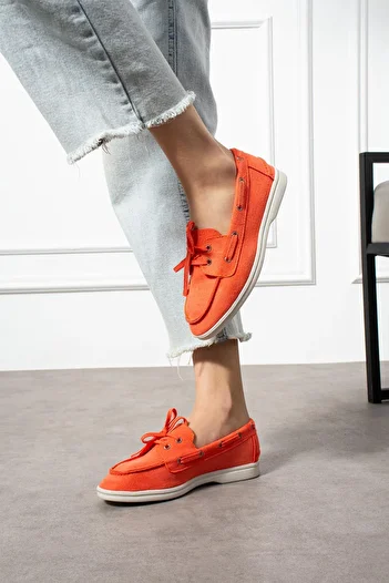 ShoeTek Rinsa Women's Ballerina Lace-Up Moccasin Orange Suede