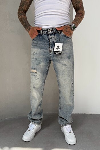 MADZEYMODA Erkek Baggy Kalıp Yırtık Detaylı Mavi Jean Kot Pantolon KE-609