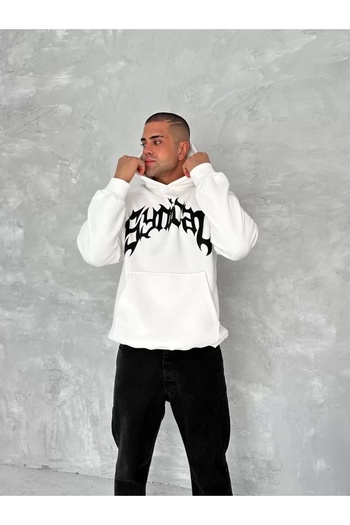 dododan Unisex Three Thread Hooded Printed Sweatshirt - White