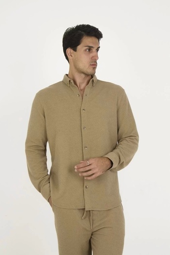 CVS Buttoned Full Fit Long Sleeve Jacquard Shirt - Brown