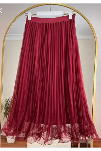 Kumaş sever Burgundy Color Suzzana Pleated Flounced Tulle Skirt Design Standard Size Lined Inner Does Not Show