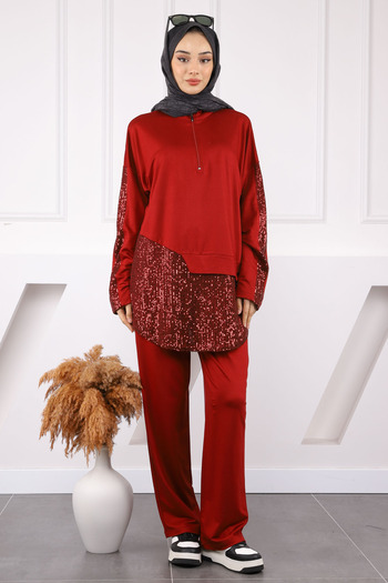İmajButik Burgundy Sequin Detailed Tunic Trousers Suit