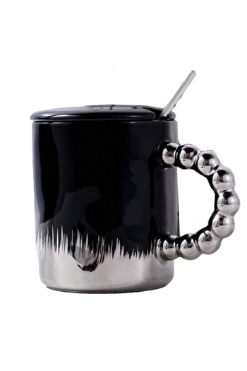 PUFO Opulence ceramic mug with lid and spoon for coffee or tea, 250 ml, black/silver
