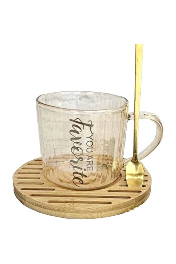 PUFO Glass mug with bamboo stand and Pufo Favourite spoon for coffee or tea, 200 ml
