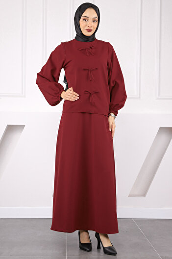İmajButik Burgundy Bow Front Crepe Blouse Skirt Suit