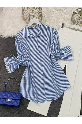 Modamorfo Lace-Up Striped Shirt with Lacy Sleeves -Indigo