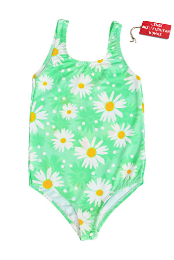 FırsatYeri Girls' Swimsuit Green White Daisy Pattern Comfortable Quick Dry Swimsuit Sea Pool Beach Swimsuit