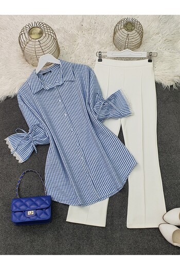 Modamorfo Lace-Up Striped Shirt with Lacy Sleeves -Indigo