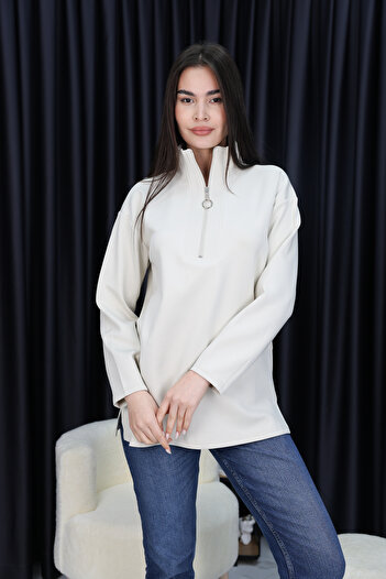 Trendingsize Stone Oversize Zipper Detailed Scuba Knitted Tunic