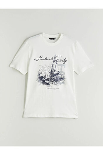 LC Waikiki Xside Ecru Crew Neck Printed Combed Cotton Mens T-Shirt