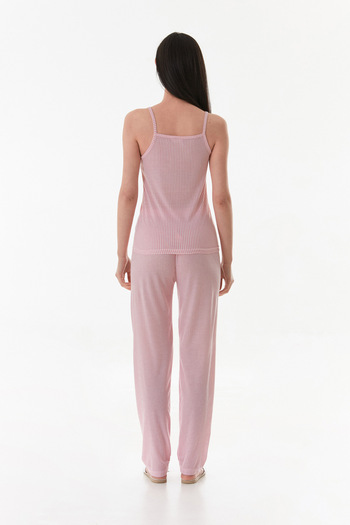 Fulla Moda İnce Çizgili Askılı Dantelli Pijama Takımı
