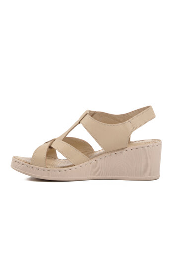 Voyager Beige Genuine Leather Women's Wedge Heel Sandals