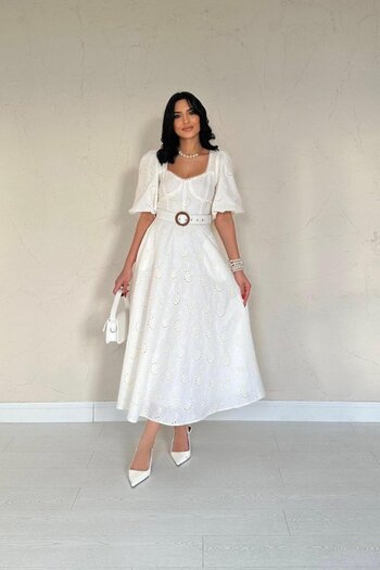 MRA Fashion Ecru Chest Cup Detailed Belted Brode Dress