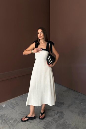 buğrahayalin Beige Shoulder Tie Linen Dress