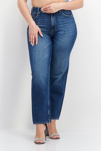 Guess Women Mom Fit High Waist Washed Non-Stretchable Denim, Blue