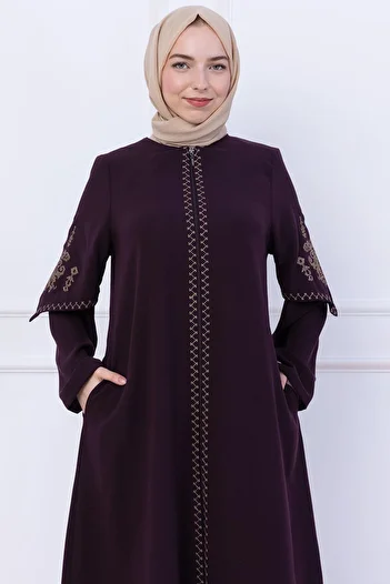 hafsamina Embroidery Detailed Ferace Plum Hm2733