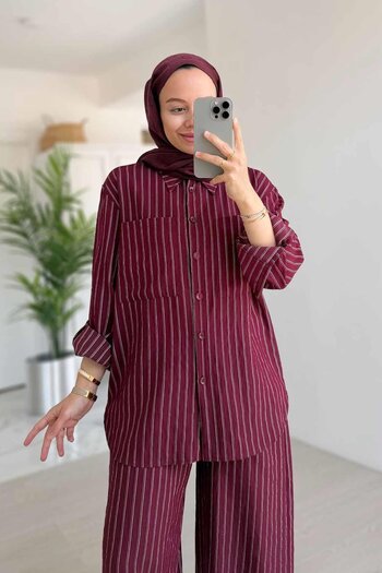Ka Hijab Wide Leg Striped Suit - Claret Red