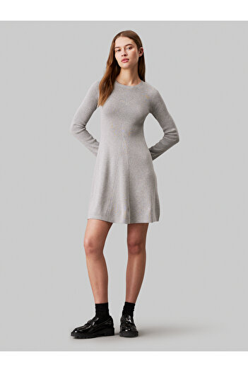Calvin Klein Women Grey Heather Ribbed Cotton Flared Jumper Dress