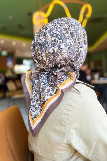 Sultan Eşarp Sultan Fresh Cotton Scarf - Μοτίβο σάλι - SFE001-09 - Καφέ, Κίτρινο