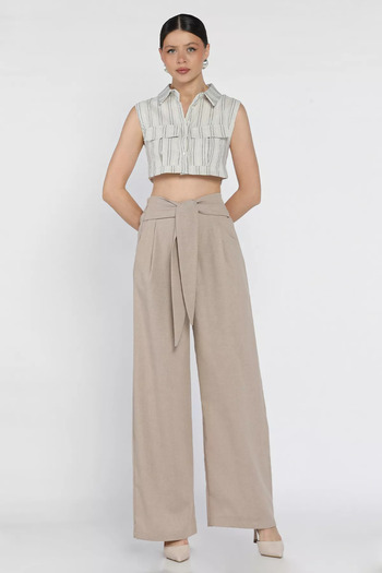 GÜLSELİ Mink Women's Linen Trousers with Waist Tie and Zipper