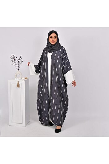 HAWRAA Abaya Gray with White Stripes and White Dress