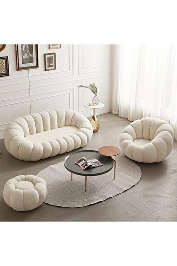 MAPLE HOME DECORATION Lamb Fleece Single Sofa&Footstool Modern Nordic Flower Minimalist Style Sofa For Living Room