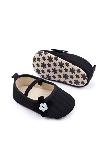 Superbaby Pantofiori negri cu floricica alba decorativa