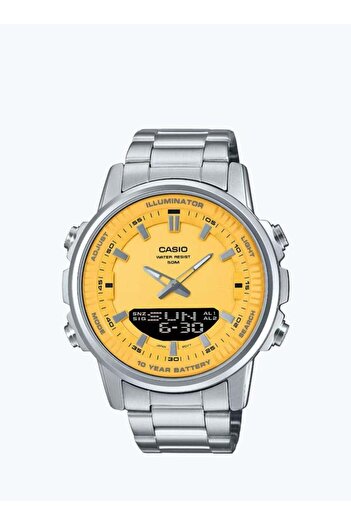 Casio AMW-880D-9 AVDF Men's Watch, Analog-Digital, Yellow Dial, Silver Band