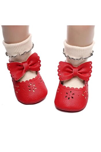 Superbaby Elegant red baby shoes with bow and floral perforations