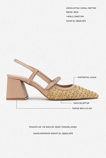 NİŞANTAŞI SHOES Retro Bej Hasır Kemer Detay Sivri Burun Kadın Topuklu Ayakkabı