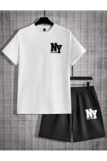 khufu Oversize Crew Neck Bottom Top T-Shirt Shorts Ny New York Printed Double Set