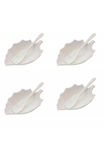 PUFO Set de 4 boluri din porțelan Pufo pentru aperitive, desert, farfurie, cu lingurițe, alb