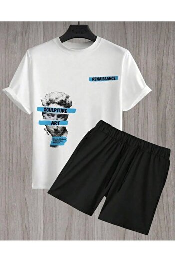 khufu Oversize Crew Neck Bottom Top T-Shirt Shorts Art Printed Double Suit Unisex
